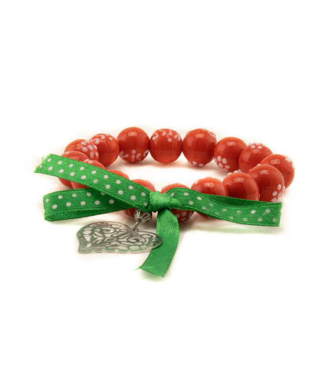 Bracelet red beads and green ribbon