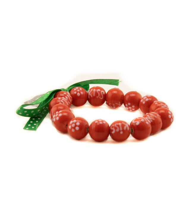 Bracelet red beads and green ribbon