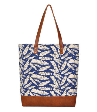 Teranga Shoulder bag blue linnen and leather - white | Feathers -  H45 x B43cm