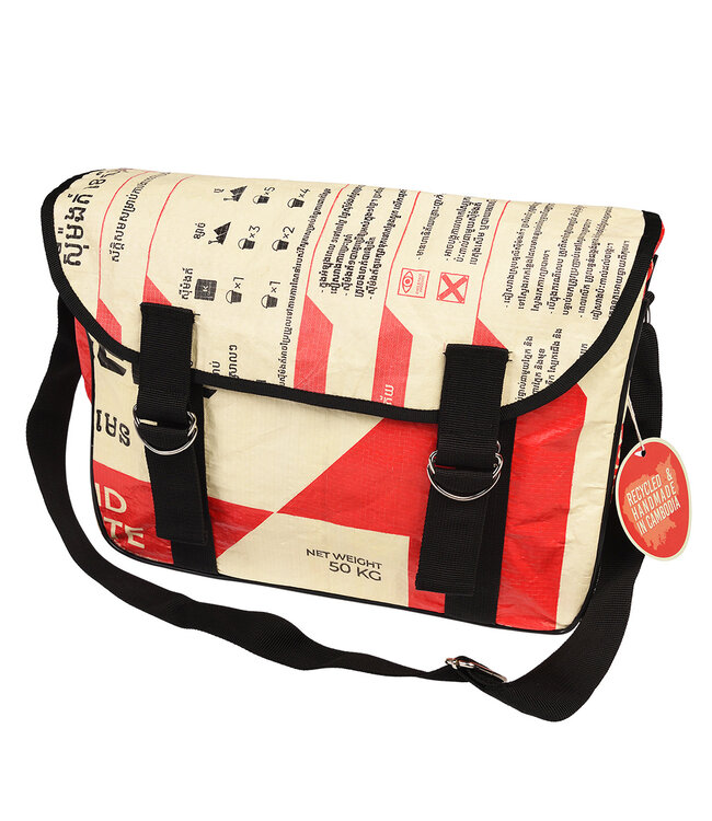 Schoudertas - messegenr bag - gerecyclede cementzak rood-beige 35x25x12cm