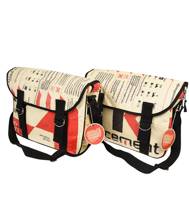 Schoudertas - messegenr bag - gerecyclede cementzak rood-beige 35x25x12cm