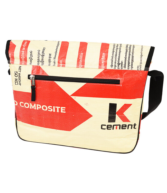 Schoudertas - messegenr bag - gerecyclede cementzak rood-beige 35x25x12cm