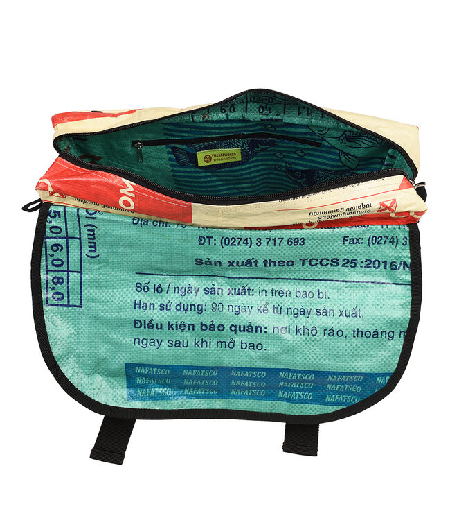 Schoudertas - messegenr bag - gerecyclede cementzak rood-beige 35x25x12cm