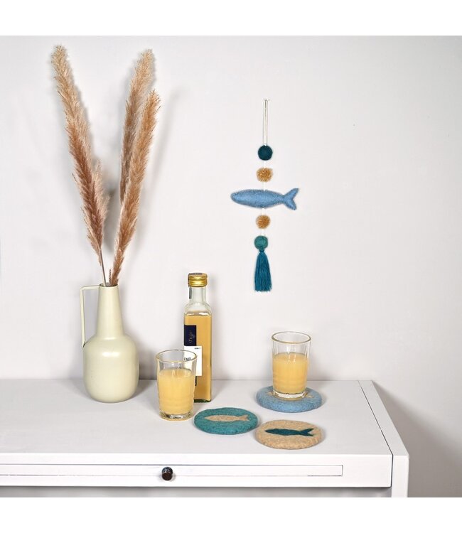 Coaster 10 cm round Beachlife with fish -6 pieces