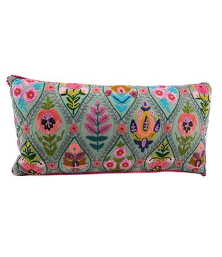 Only Natural Sierkussen 30x60 cm grijsblauw met geborduurde bloemen