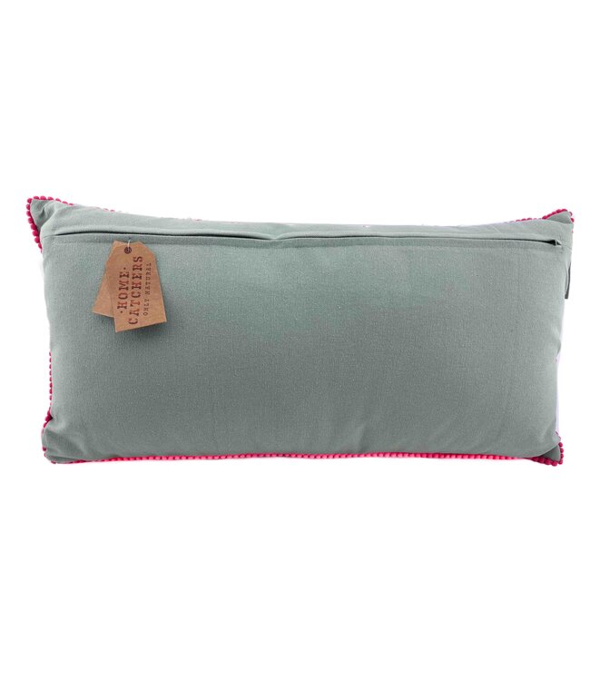 Sierkussen 30x60 cm grijsblauw met geborduurde bloemen