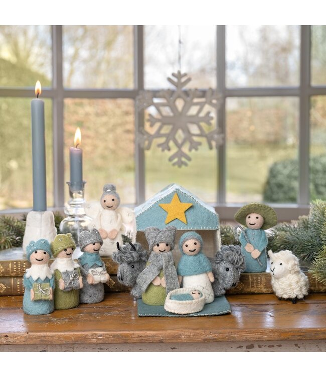 Vilten kerststal 12-delig met stal - ijsblauw 15cm