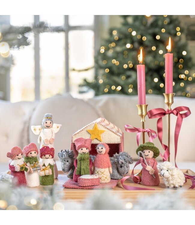 Vilten kerststal 12-delig met stal - roze-cyclaam - 15cm