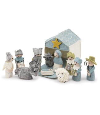 SjaalmetVerhaal Vilten kerststal 12-delig met stal - ijsblauw 15cm