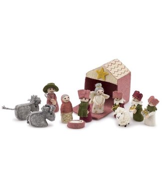 SjaalmetVerhaal Felt nativity set pink- cyclamen 12-pieces - H 15x12 cm