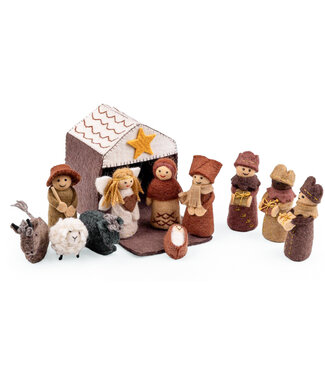 SjaalmetVerhaal Vilten kerststal 12-delig bruin-beige 15cm