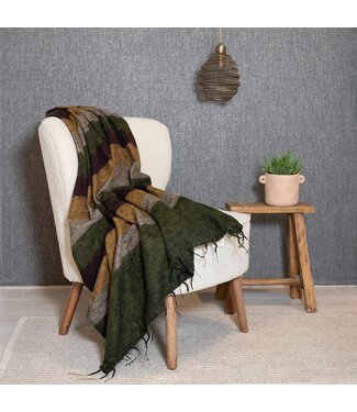 SjaalmetVerhaal Plaid 240 x 120 cm katoen (wol-look) gestreept cognacbruin-bordeaux-groen