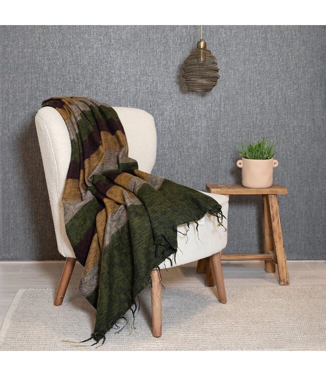 Plaid 240x120 cm (wool-look) cognac brown - green stripes