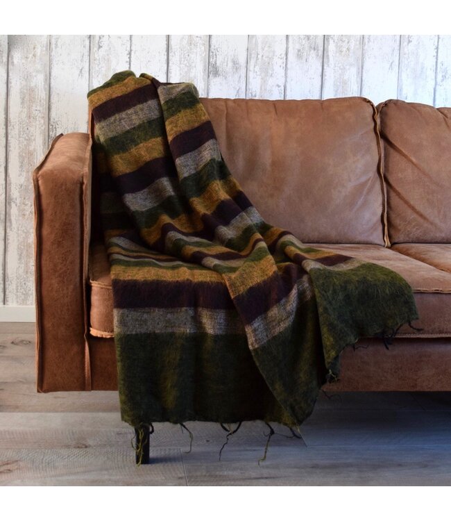 Plaid 240x120 cm (wool-look) cognac brown - green stripes