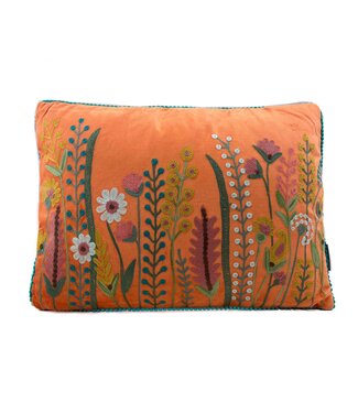 Only Natural Sierkussen velours met geborduurde bloementuin 35x50 cm - oranje