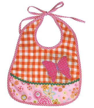 Global Affairs Baby bib round cotton blue - orange pink with butterfly