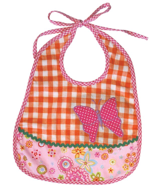 Baby bib round cotton - orange pink with butterfly