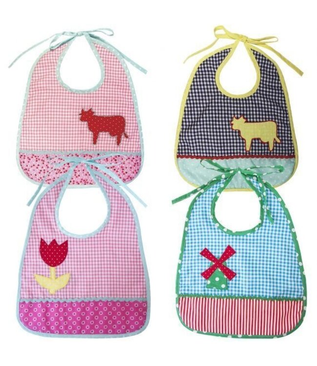 Baby bib round cotton blue-white checks with yellow cow