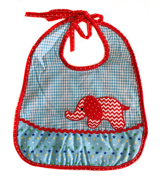 Limo basics Baby bib round cotton blue-white with red elephant