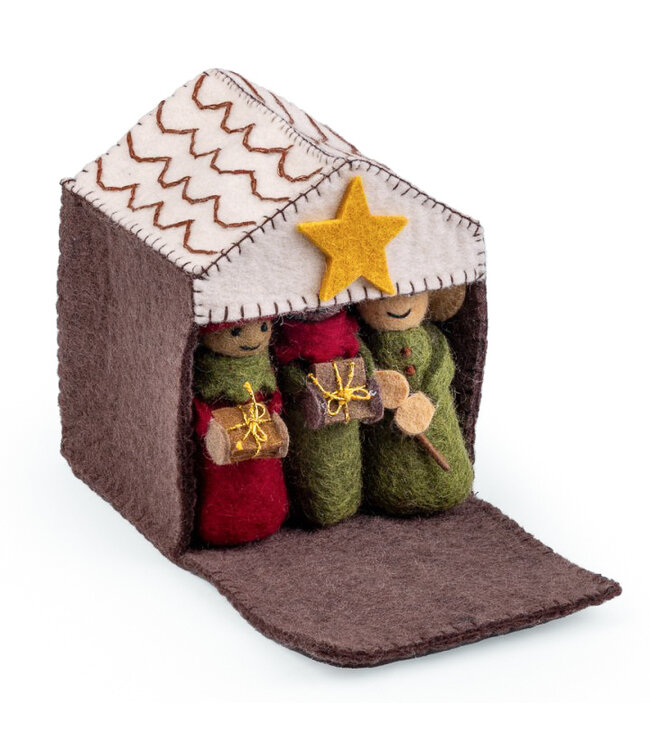 Felt nativity set brown with 12 red-green pieces - H 15x12 cm