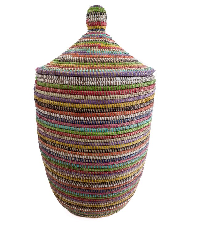 Straw basket with lid traditional shape with grips -multi stripes H40/55cm
