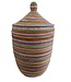 Straw basket with lid traditional shape with grips -multi stripes H40/55cm