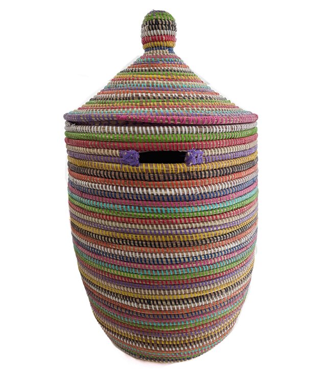 Rieten mand met deksel traditioneel met grepen multistreep- H40/55cm