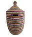 Straw basket with lid traditional shape with grips -multi stripes H40/55cm
