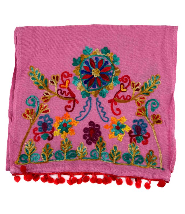 Childrens' pink scarf with embroidered flowers