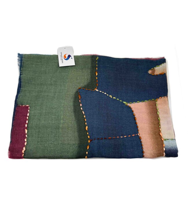 Sjaal fijne wol - blauw groen beige vlakken 190x140cm