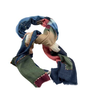 Siddharth Import Sjaal fijne wol - blauw groen beige vlakken 190x140cm