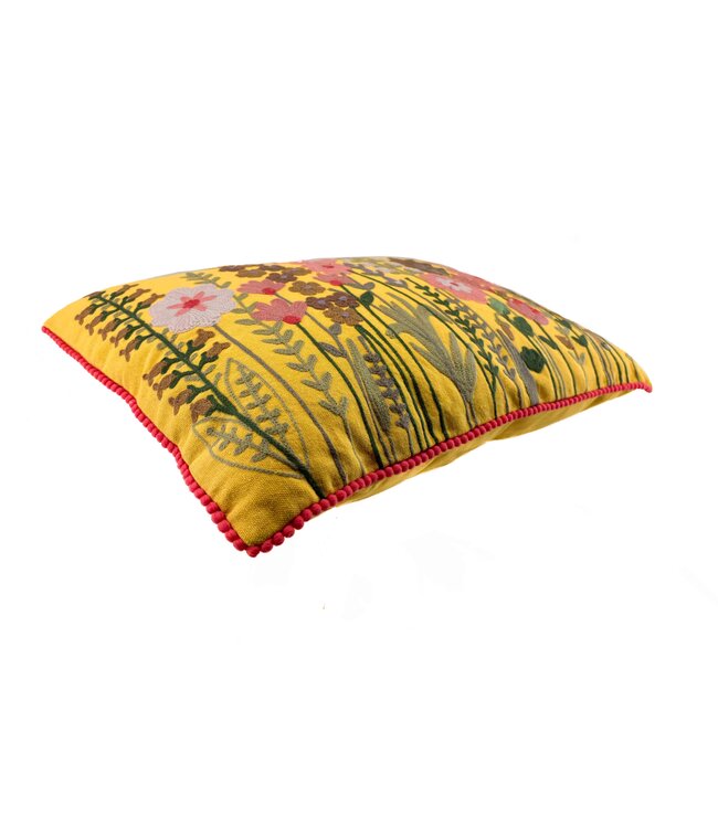 Cushion yellow canvas with crochet flower garden 35x50 cm