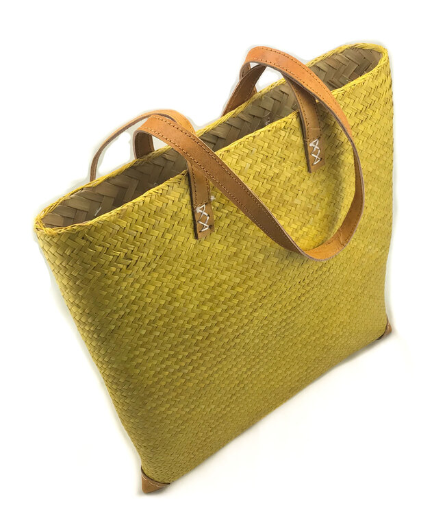 Palmleave bag with brown leather handles - natural