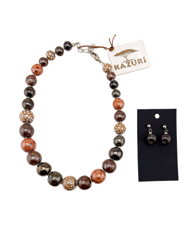 Kazuri ketting keramiek - petit Tango Pure - bruin beige stippen