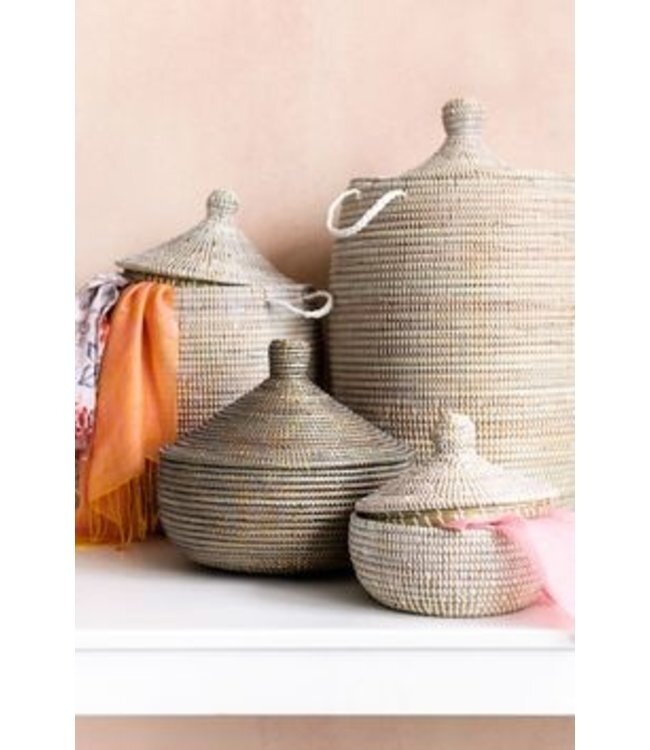 Rieten tajine mand met deksel zwart wit D30 x H30 cm