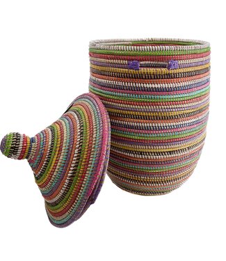 Teranga Straw basket with lid traditional shape multi stripes  with grips L - H50/75cm