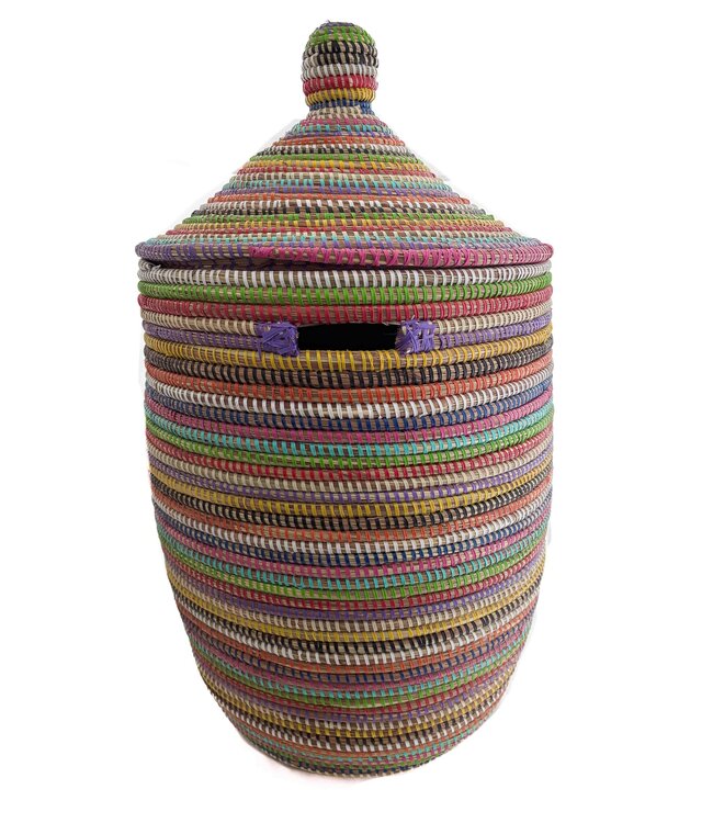 Straw basket with lid traditional shape with grips -multi stripes H50/75cm
