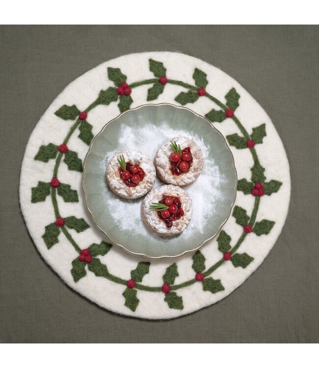 Felt coaster D 35 cm - White - Holly Berry