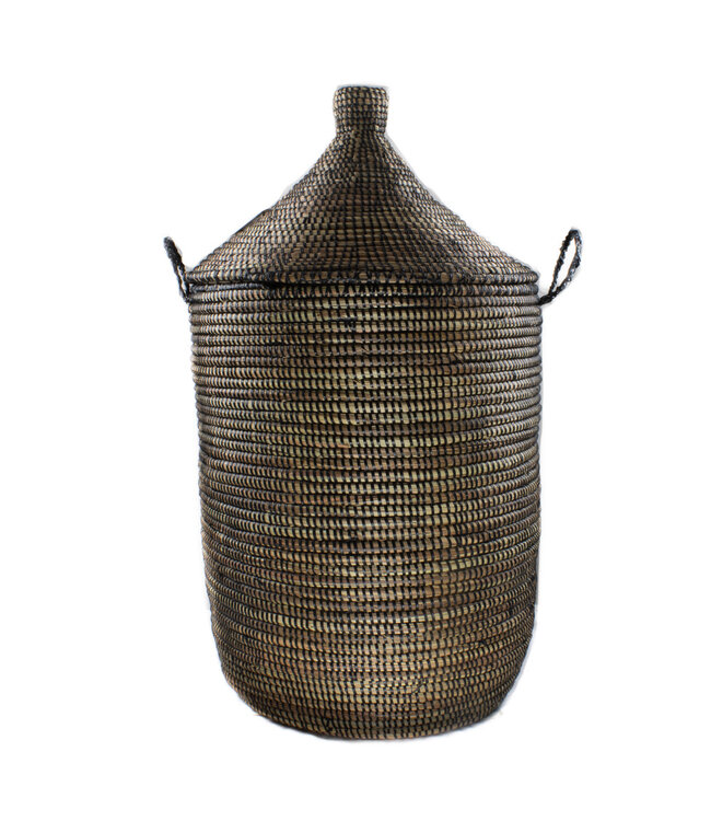 Straw basket with lid black traditional Large
