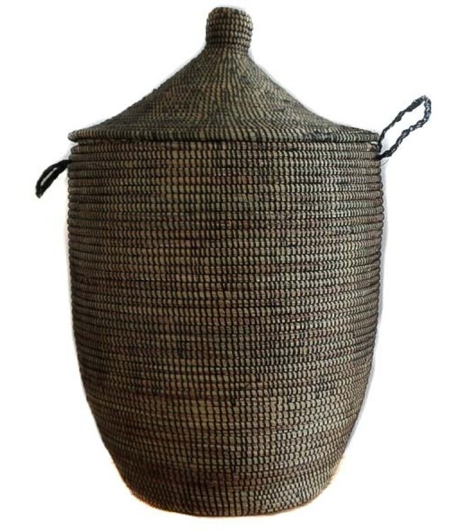 Straw basket with lid black traditional Large