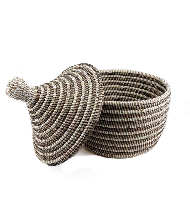 Straw tajine basket with lid - black white stripes 35cm