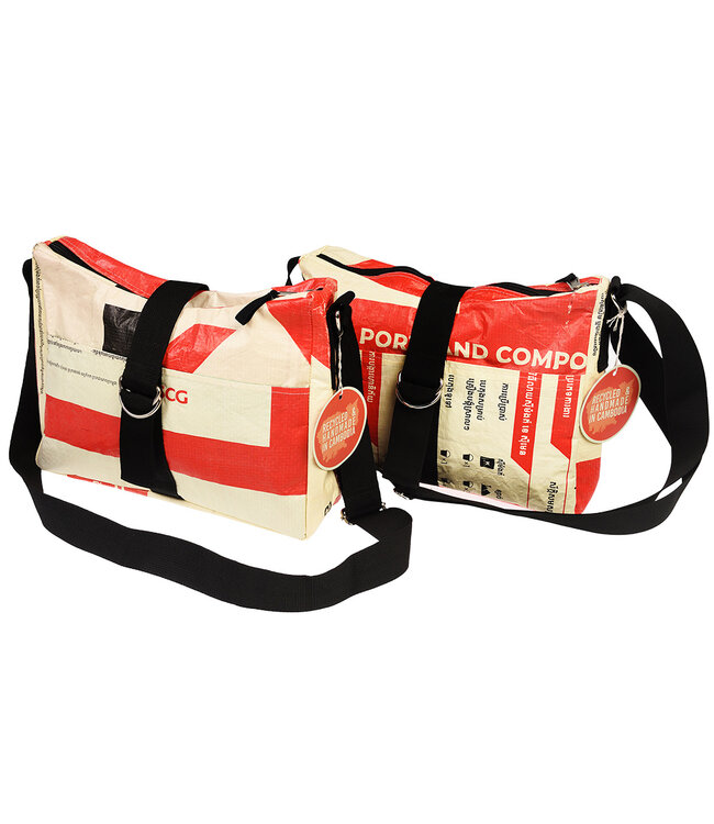 Schoudertas -handtas - gerecyclede cementzak rood-beige 32x24x7cm