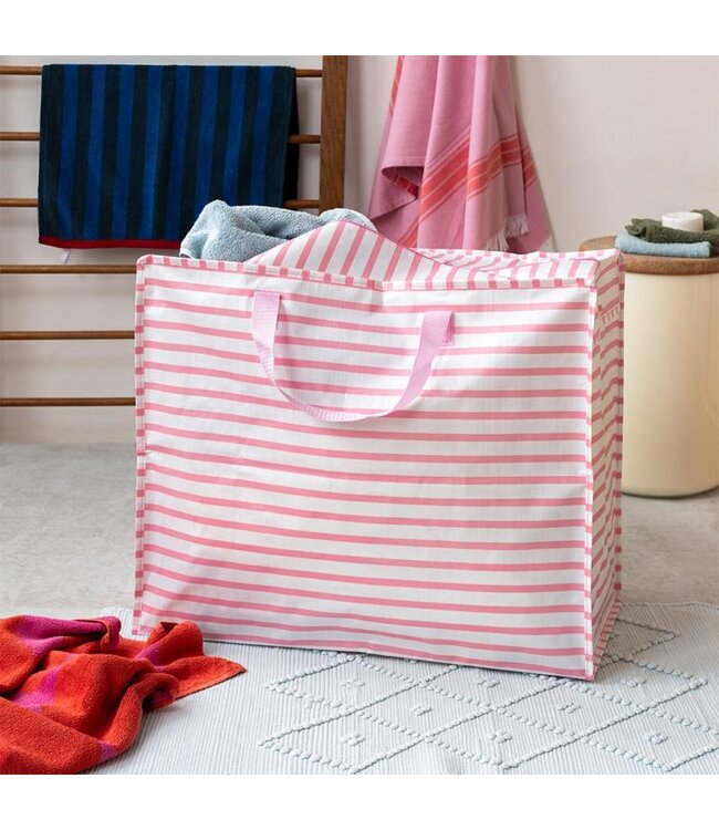 Big storage bag recycled plastic - Pink and white stripes 55cm