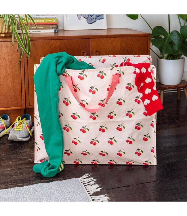 Grote opbergtas XL gerecycled plastic- Roze met Kersen 55cm