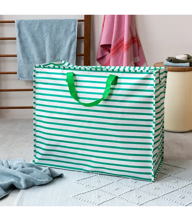 Grote opbergtas XL Groen wit strepen-  gerecycled plastic 55cm