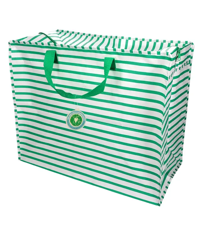 Big storage bag recycled plastic - Green and white stripes 55cm