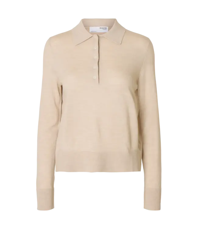 Thea Ls Knit Merino Collar Neck Oatmeal