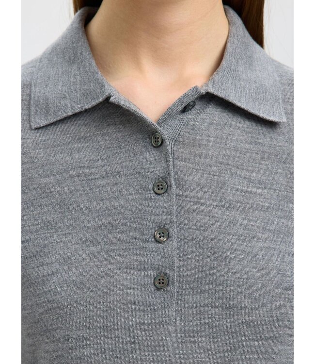Thea Ls Knit Merino Collar Neck Medium Grey Melange