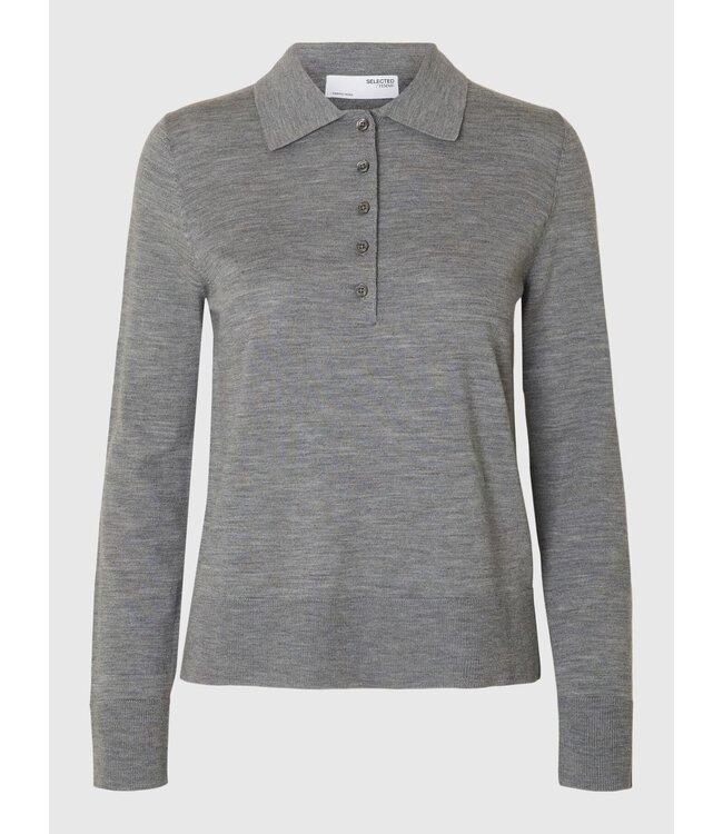 Thea Ls Knit Merino Collar Neck Medium Grey Melange