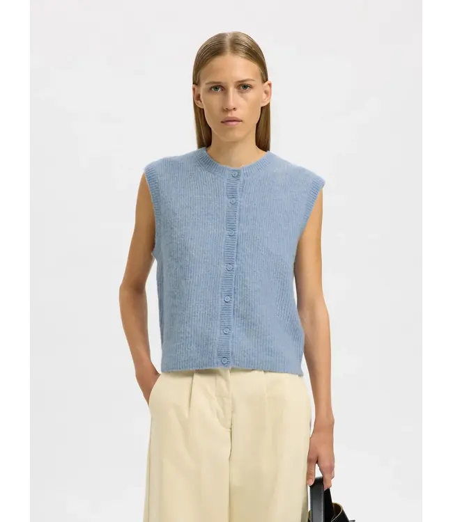 Selected Femme Lulu Button SL O-neck Cashmere Blue